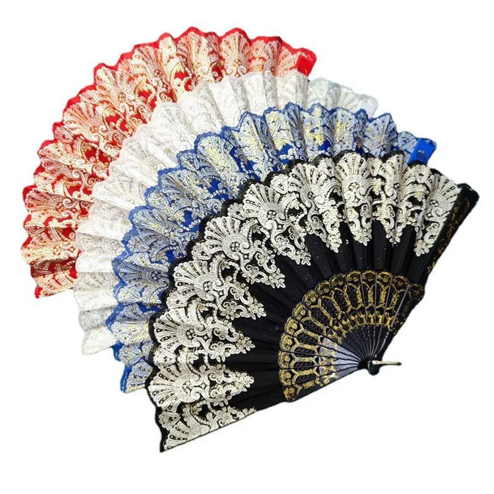 

Flower Lace Silk Folding Chinese Style DecorationTool Gold Powder Craft Photo Prop Tool Hand Held Fan Folding Fan Dance Fan