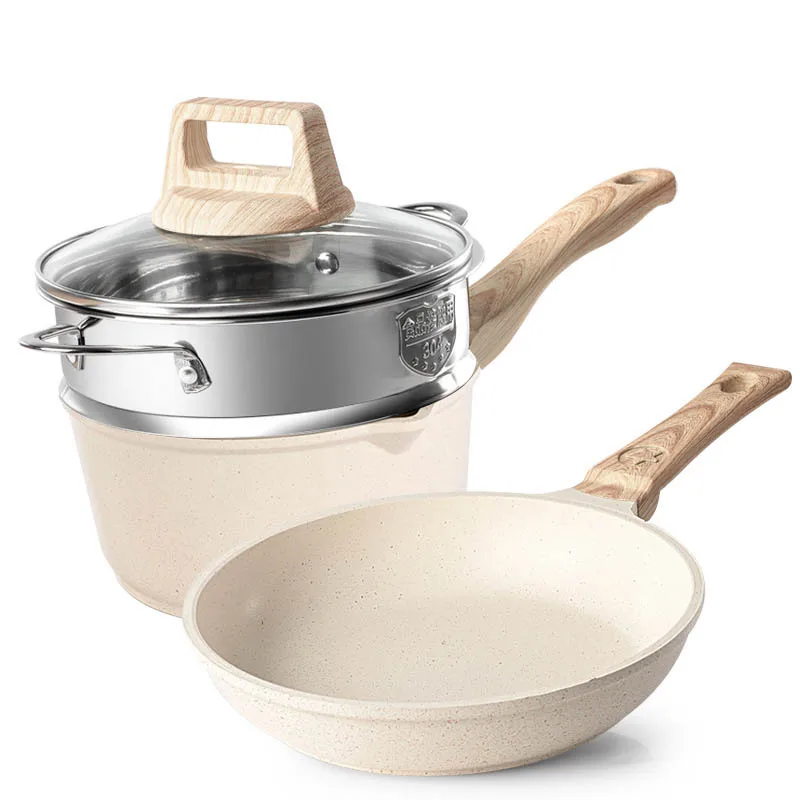 Non-Stick Frying Pan Set Maifan Stone Kitchen Soup Pot Milk Pan with Wooden Handle Pot Cookware Set Cooking Utensils for Kitchen