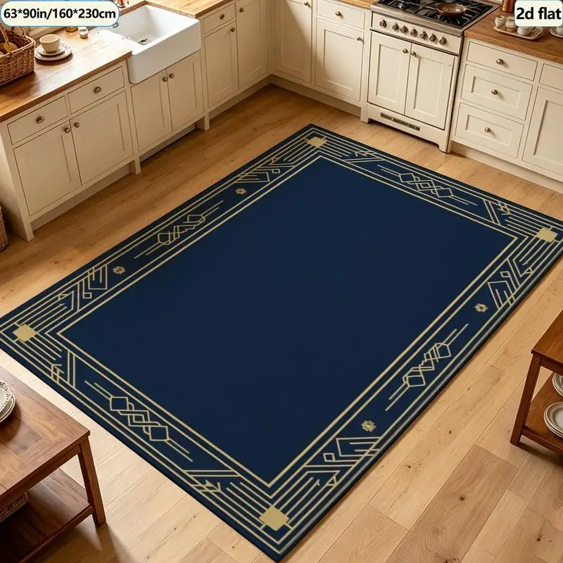 Luxury Art Deco Navy Blue Golden Border Rug