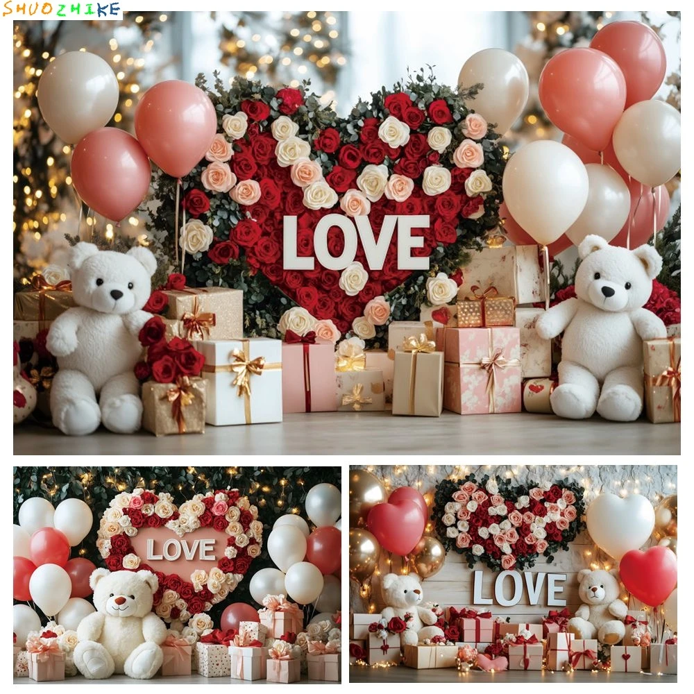 

February 14 Valentine's Day Decor Backdrop Photography Toy Bears Rose Flower Gifts Valentine Scenes Photo Background Photostudio