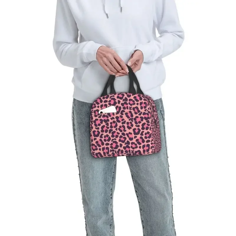 Coral And Pink Leopard Print Insulated Lunch Bag for Work School Cooler Thermal Bento Box Women Children Food Container Tote Bag