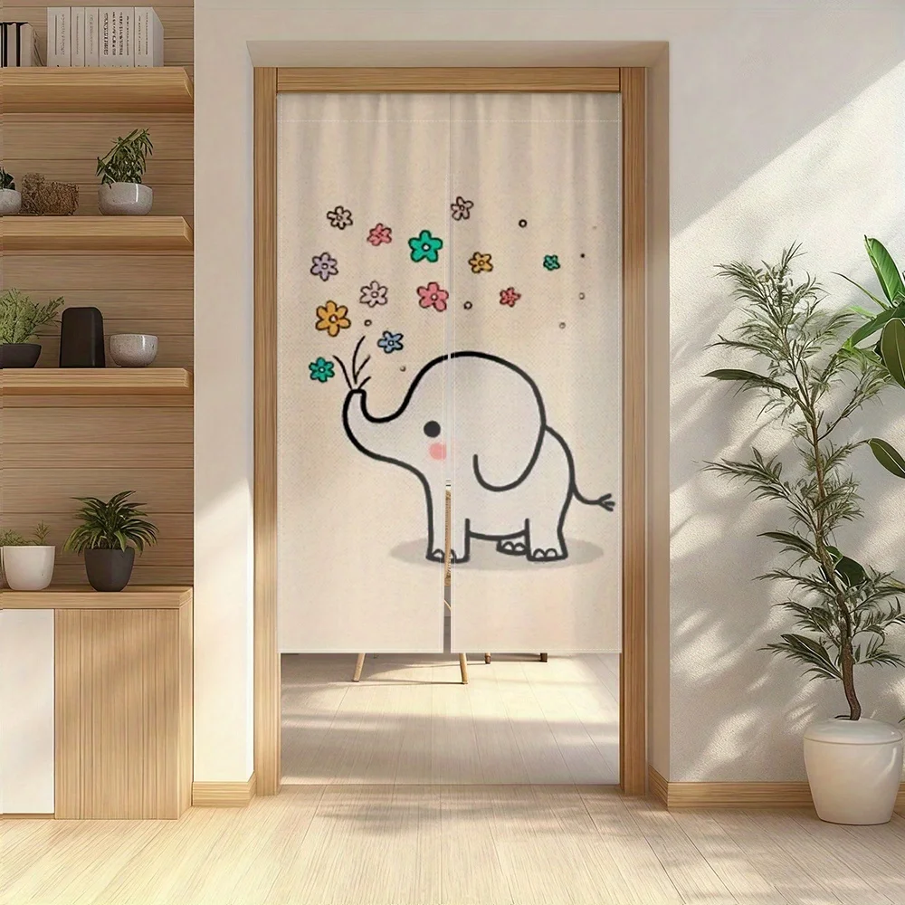 Elephant Noren Curtain – Cute Elephant Blowing Flowers, Beige Background, for Entryway or Room Decor