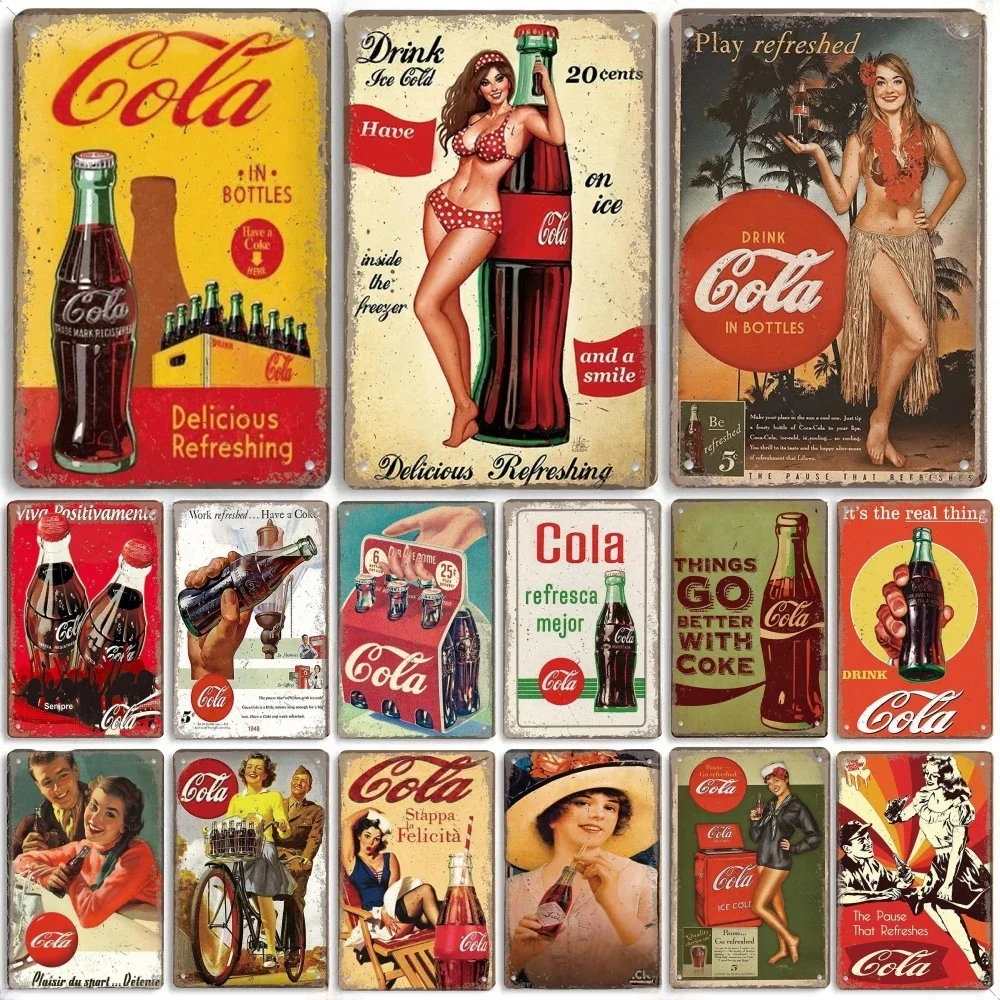 Cola Softdrinks Poster Metallschilder Vintage Mädchen trinken Cola Flaschen Metallplatte Wanddekoration für Bar Pub Club Restaurant