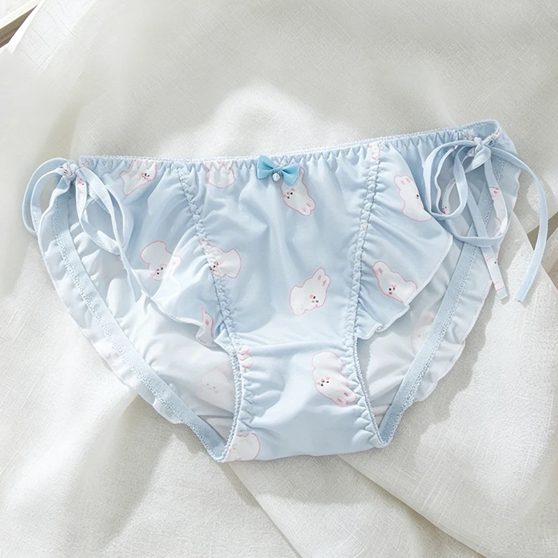 Cute Rabbit Print Women Lace-Up Straps Panties Sweet Bow Pearl Decor Low Waist Briefs Soft Milk Silk Thin Breathable underwear