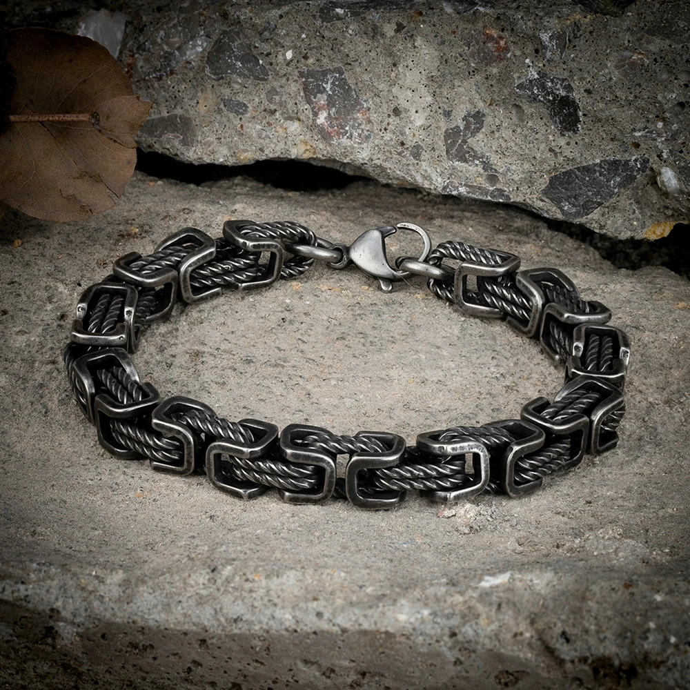 MKENDN Punk Men 316L Stainless Steel Creative Retro Oxidized Black Geometric Byzantine Link Chain Bracelets Motorcycle Jewelry