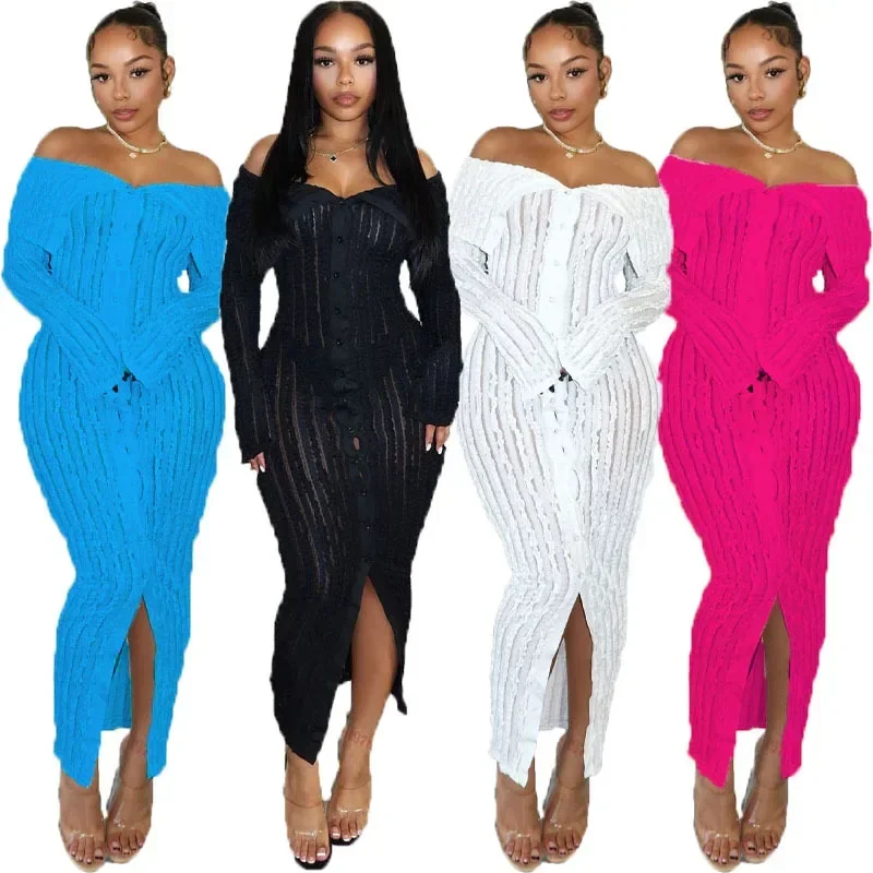 

2024 African Dresses for Women Spring African Long Sleeve Elegant Slash Neck Party Evening Maxi Bodycon Dress Africa Clothing