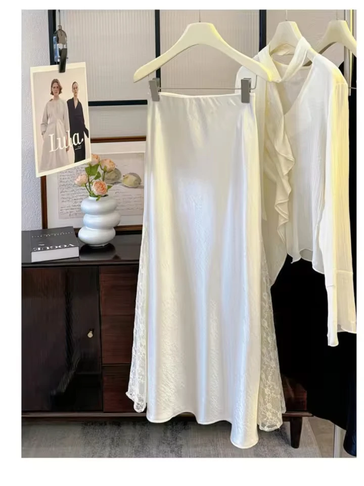 New 2026 Women Lace Patchwork Satin Skirt Female Summer Fashion Elegant Slimming Bodycon Fishtail Long Skirt