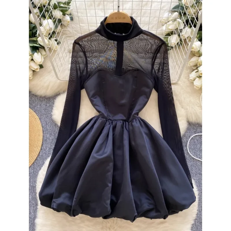 New Fashion Vintage Black Mini Dress Women Slim Perspective Mesh Long-sleeved Stitching Tight Waist Puffy Bud Dress Vestidos