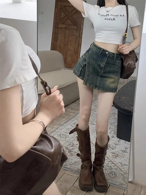 

High Waist A-Line Skirt Women's Denim Anti-Light Summer Skirts ort Skirts Skirt Pants plus Size Korean Sle Commute