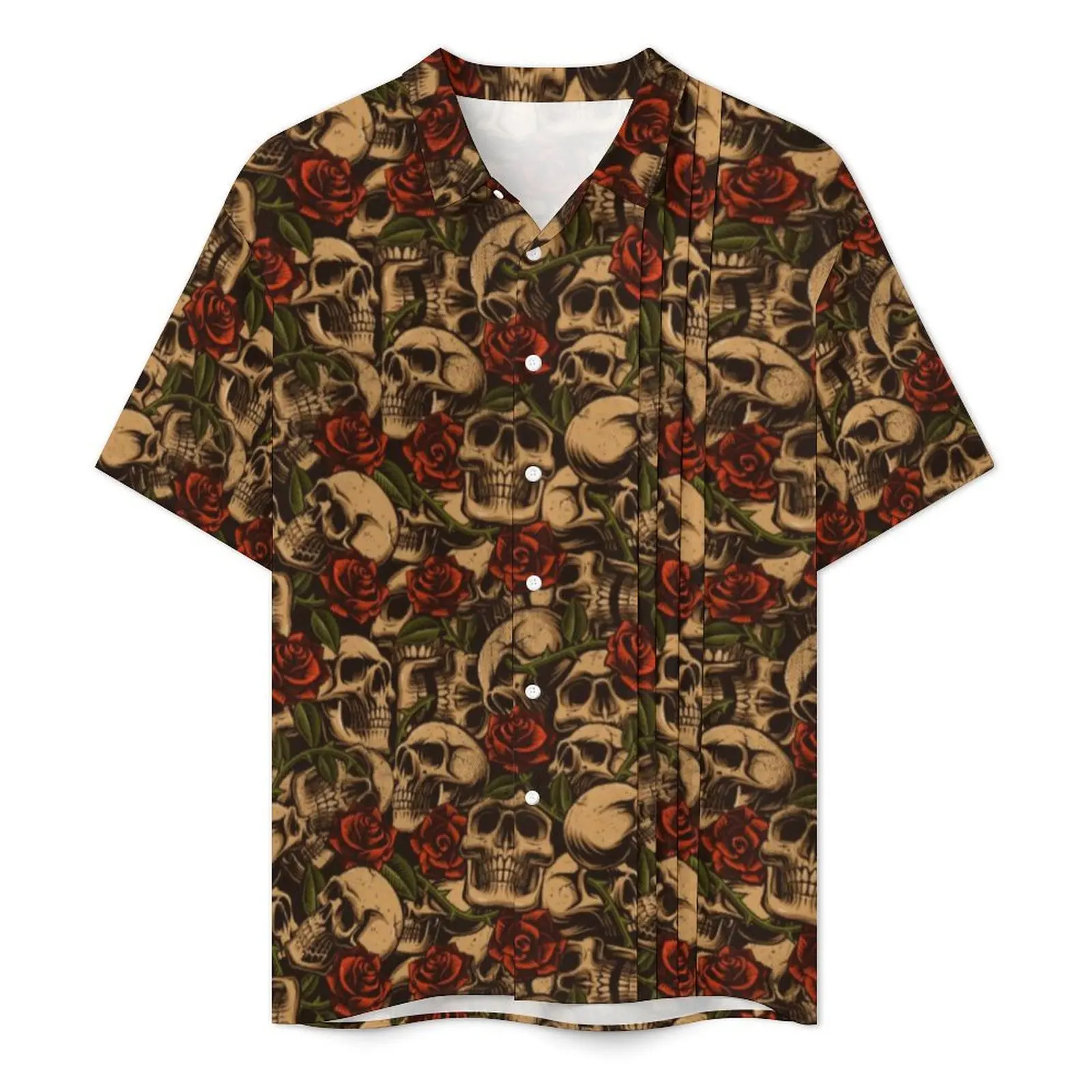 Hawaiian Shirt Beach Skeleton Music Blouses Red Flower Print Vintage Casual Shirts Men Short-Sleeve Street Style Oversized Top