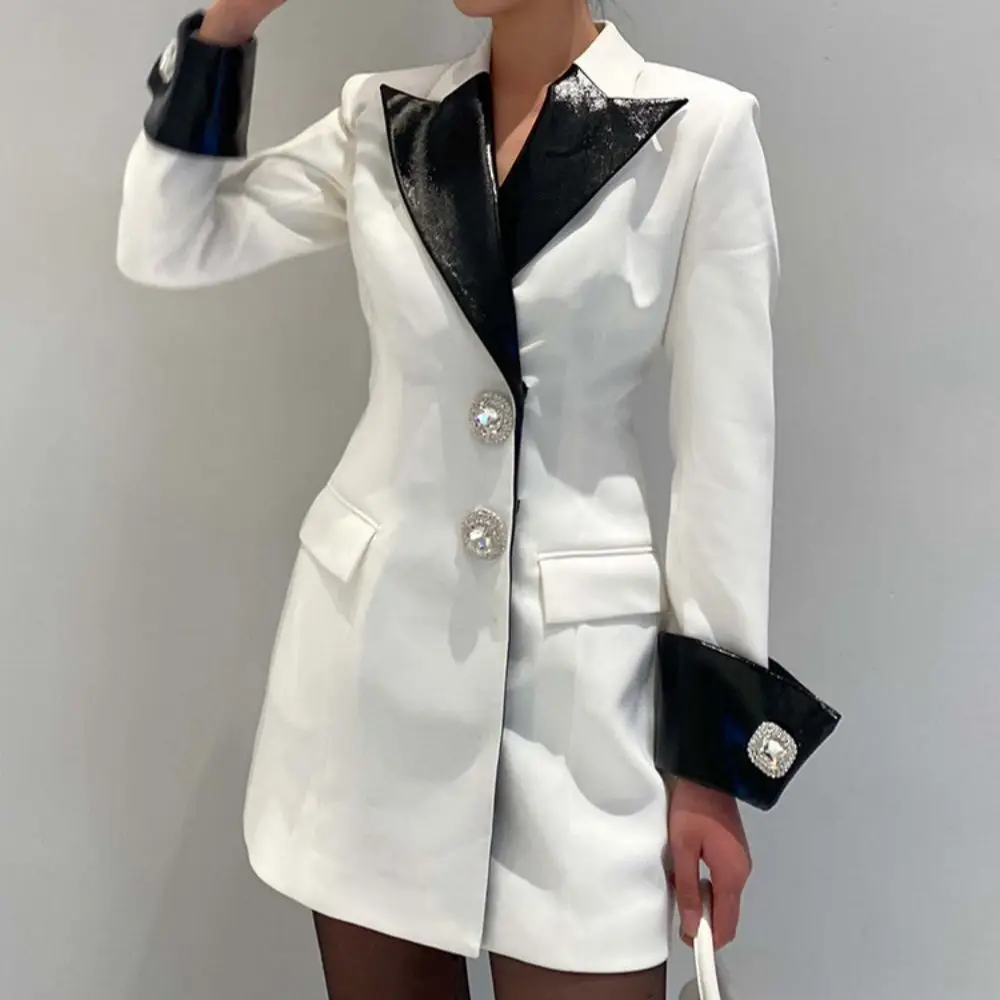 Fashion Colorblock Patchwork Leather Blazers For Women Peaked Lapel Long Sleeve Single Breasted Mid-Length Coats Female Clothes