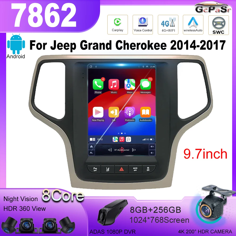 Android 13 For Jeep Grand Cherokee 2014-2017 Style Tesla Navigation Car GPS Auto Radio Stereo Multimedia Player No 5G Wifi 7862