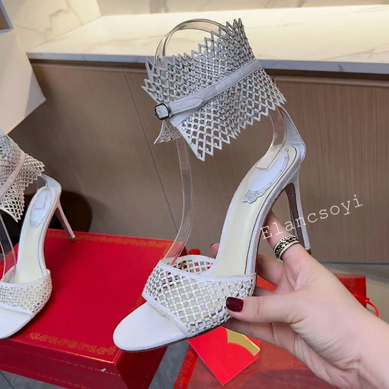 Summer Genuine Leather Sparkling Crystal Women's Slim Heel Sandals Fashionable Tassel Ankle Strap Sandalia Sexy Party Dress Shoe