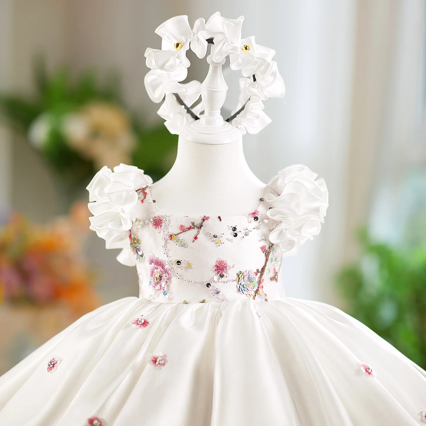 Dreamy Vow J026 Elegante Dubai Abito da ragazza bianco Fiori 3D con fascia per capelli per bambini Matrimonio Compleanno Comunione Festa Spettacolo 2025