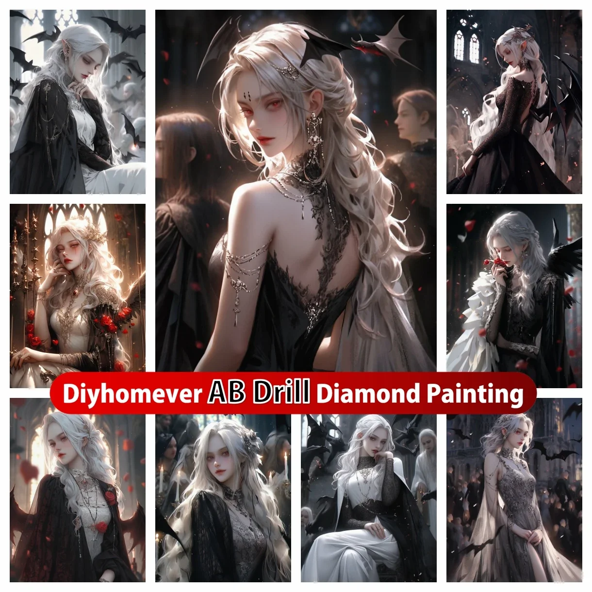 

Vampire Girl 5D DIY AB Diamond Painting Mosaic Dark Gothic Art Cross Stitch Kits Embroidery Rhinestones Home Decor Gift