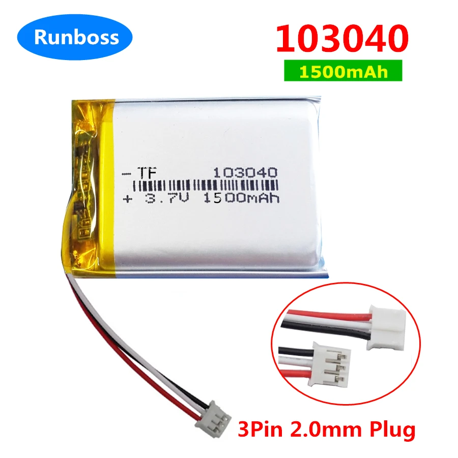 1-4PCS 3.7V 1500mAh 103040 Polymer Lithium Rechargeable Battery JST PH 3pin 2.0mm Plug For MP3 GPS DVD Rrecorder Headset Camera