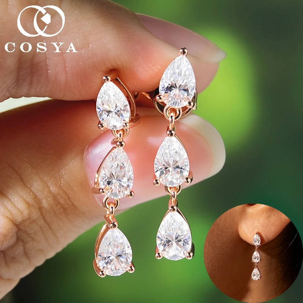 COSYA 3cttw Pear Cut Full Moissanite Drop Earrings for Women S925 Silver Plated 18K Gold 6 Gem Waterdrop Sparkling Party Jewelry