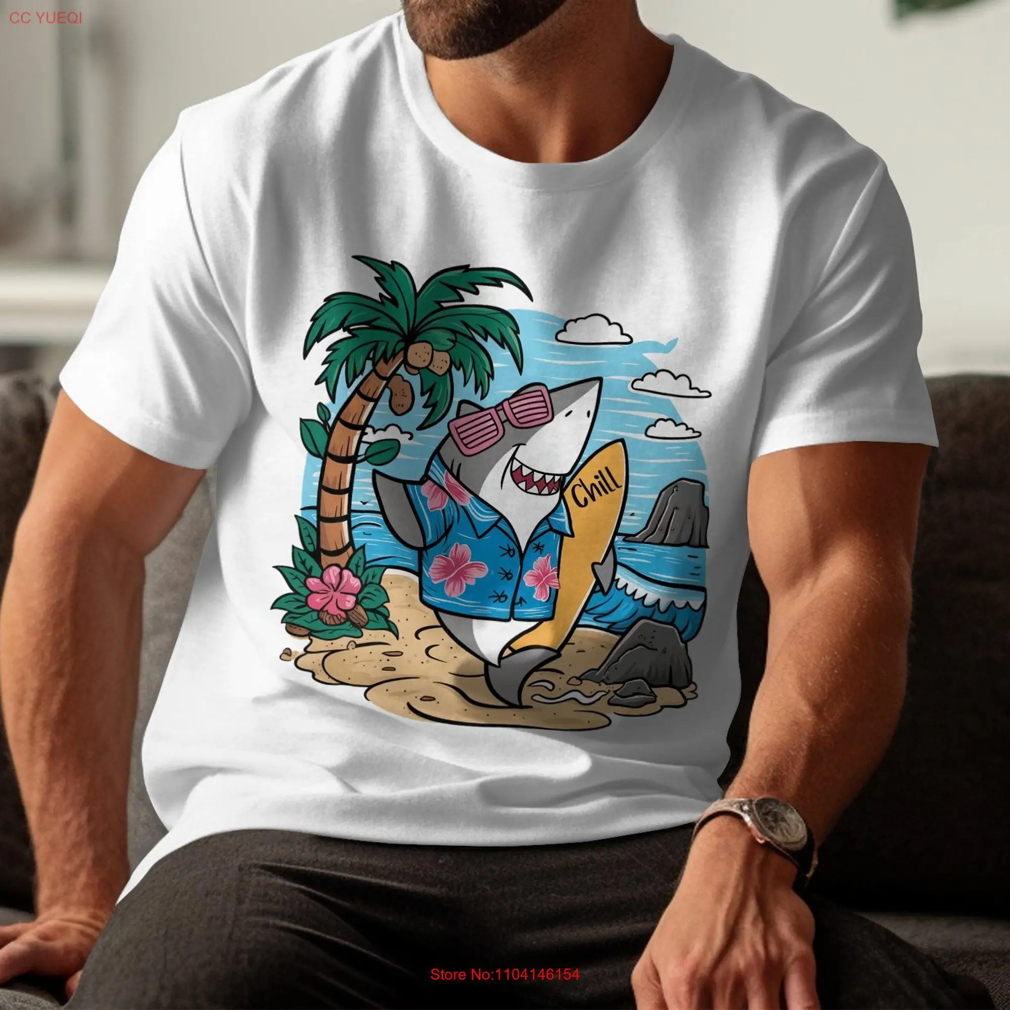 Cool Beach Shark T Shirt Fun Summer Hawaiian Design Chill Vibes Vacation Coastal Apparel long or short sleeves