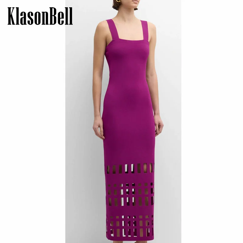 

7.16 KlasonBell Women's Temperament Spaghetti Strap Slim Hem Hollow Out Knit Maxi Dress Or Capes Knitted Short Cardigan Set