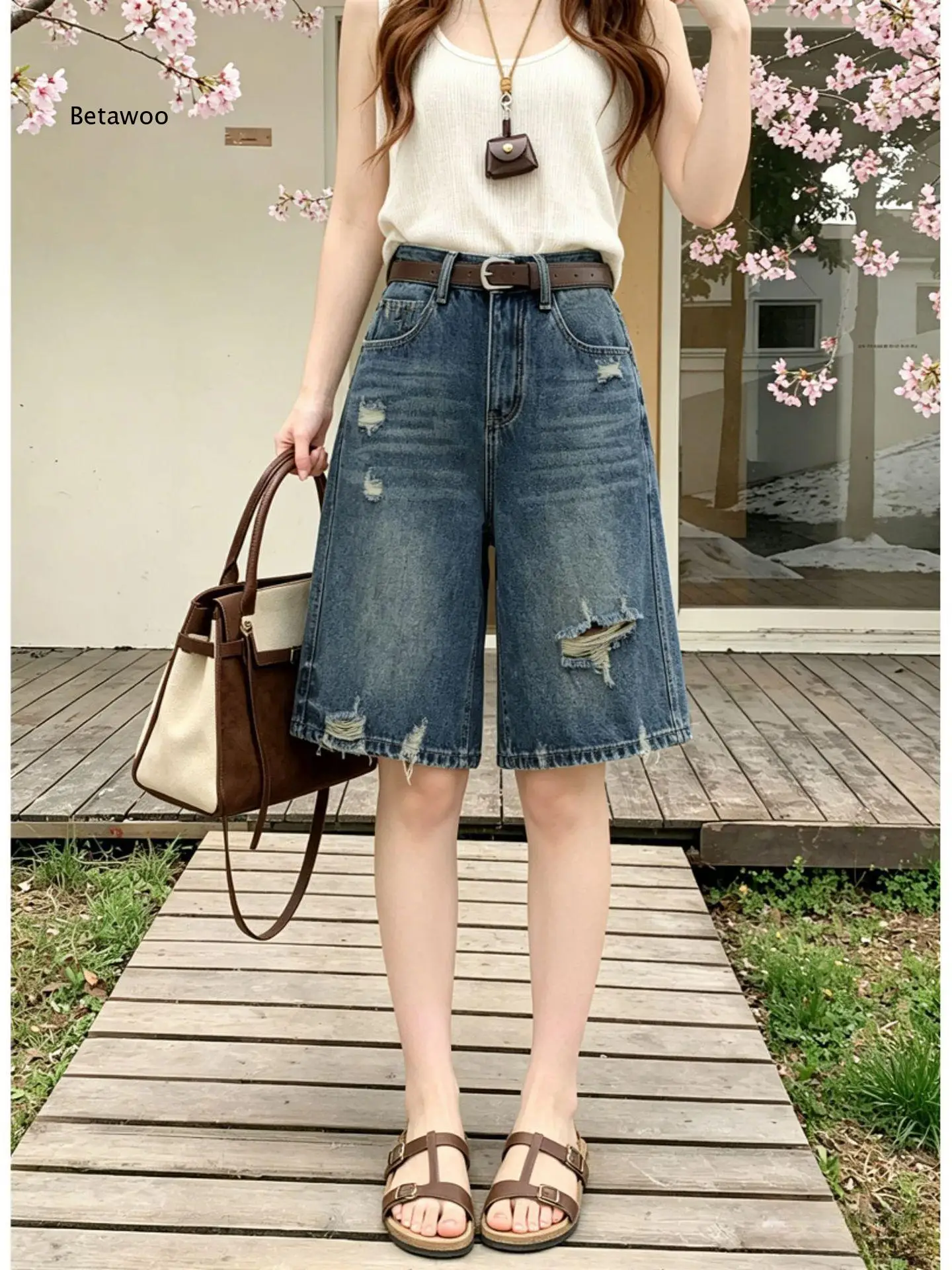 Vintage Blue Distressed Ripped Jean Shorts Women High Waist Wide Leg Bermuda Cut Denim Shorts For Outdoor And Daily Use view 2