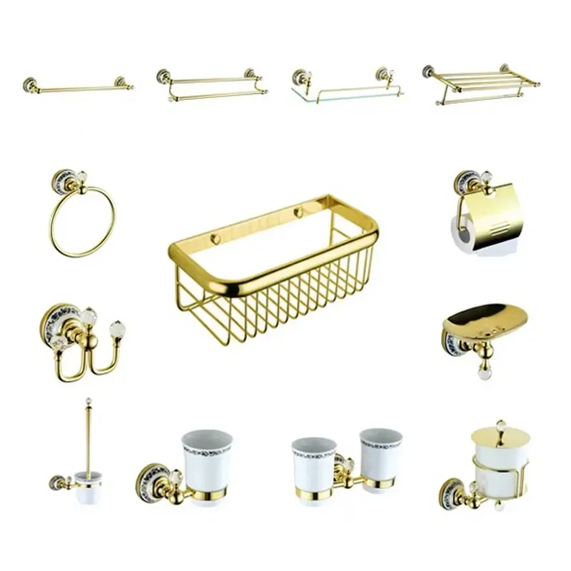 Luxury Gold Brass Bathroom Accessory Set with Ceramic Flower Decor Soap Dish Towel Rack Wall Mounted Hardware for Home Bath