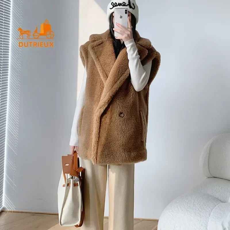 Top 2024 Teddy Coat Women,62%alpaca 26%wool 12%silk,New Winter Short Teddy Vest Cashmere Alpaca Wool Jacket for Women,Fur Coat