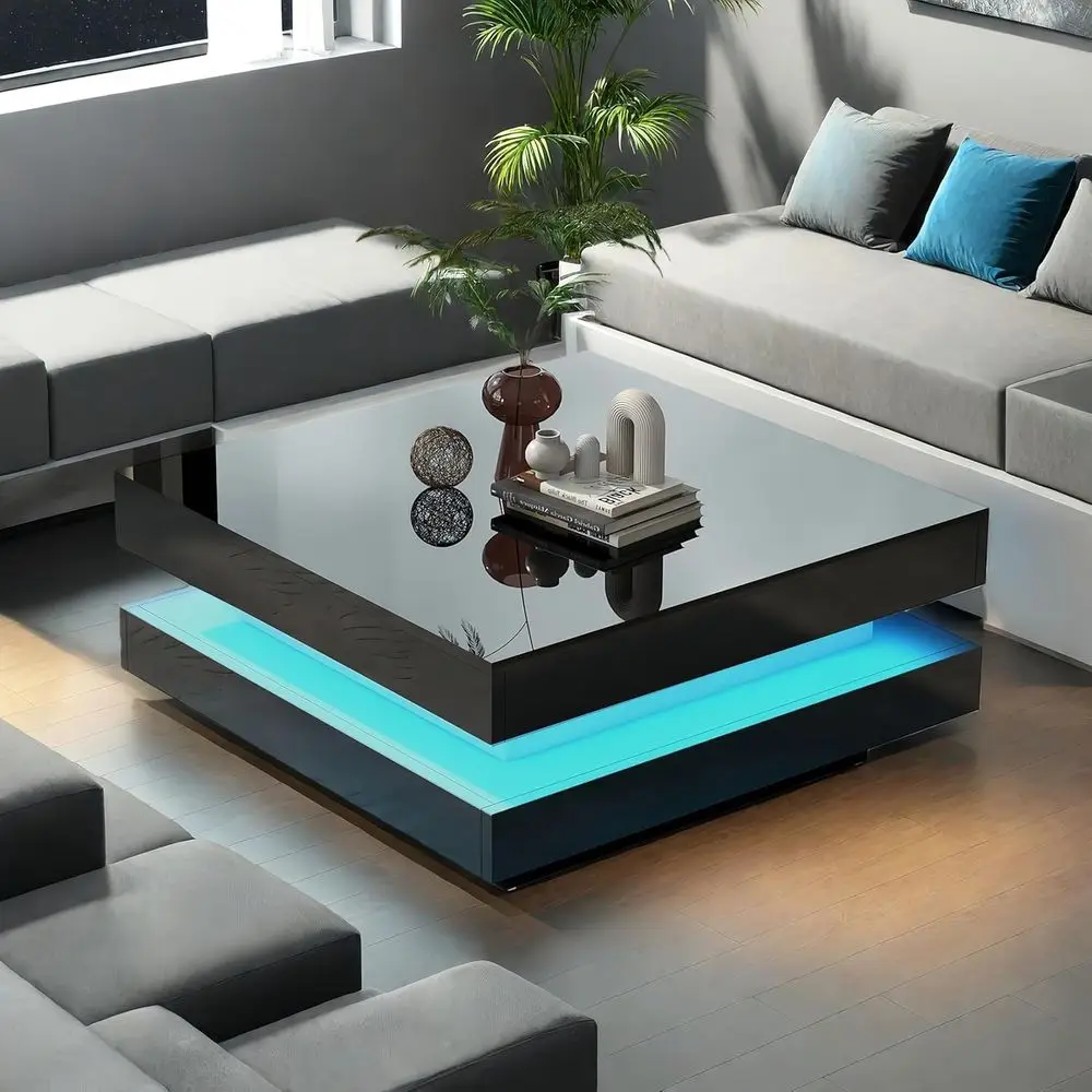 

Coffee Table for Living Room, 2 Tier Modern Square Middle Center Table, Unique High Gloss Coffee Table with 16 Colors LED Lights