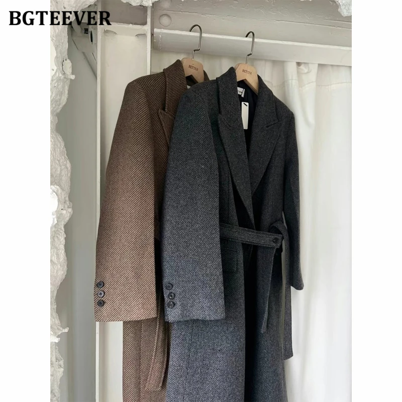 BGTEEVER Casual Warm Loose Female Long Woolen Jacket Winter Fashion Long Sleeve Lace-up Women Thicken Blend Coats Ladies Outwear