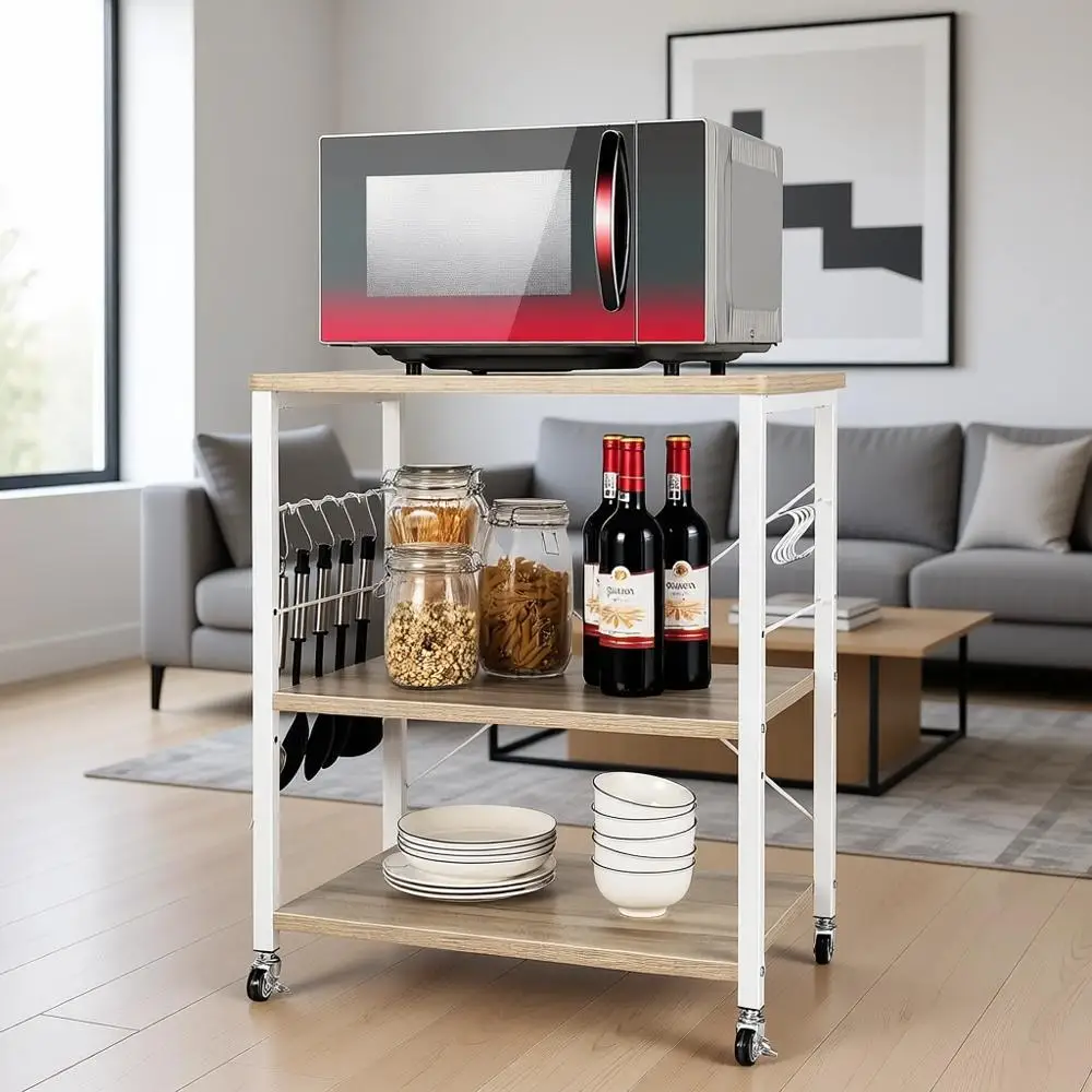 

3-Tier Rolling Microwave Cart with 10 Hooks, Metal and Wood Storage Shelves, Maple & White Industrial Utility Stand
