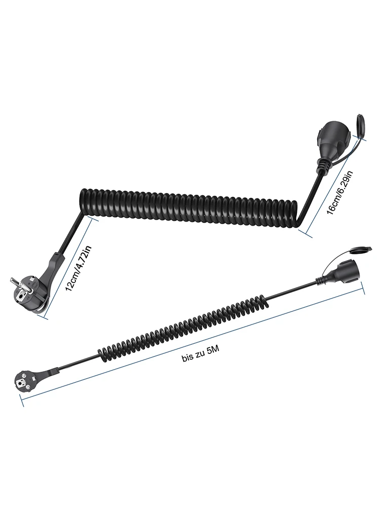 European 2-Pin AC Protective Contact Spiral Cable with Retractor PVC Spring Wire -5m*1 Square - Black Outdoor Rated