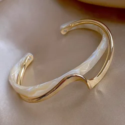Women's Minimalist Style Jewelry - 18K Gold Plated Wave Cuff Bangle with Faux Pearl Inlay for Elegant and Chic Look