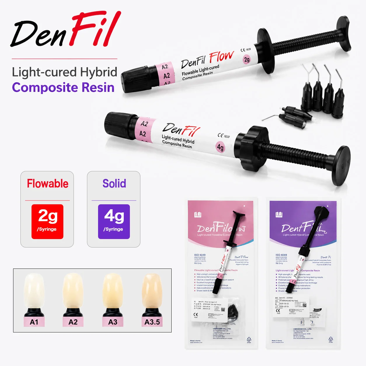 3Pcs Dental Resin Light-cured Hybrid Composite Resin Syringe Solid/Flow Syringe (2g/4g) Repair Filling Lab Dentistry Material