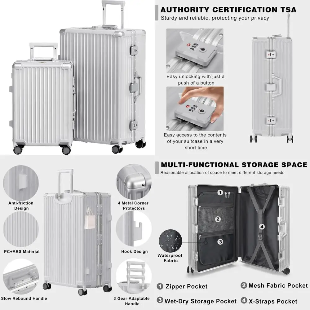 Juego de maletas de viaje con marco de aluminio, 2 piezas, para llevar y comprobar, carcasa dura de ABS para PC, cerradura TSA, sin cremallera, plateado, 20/28 pulgadas