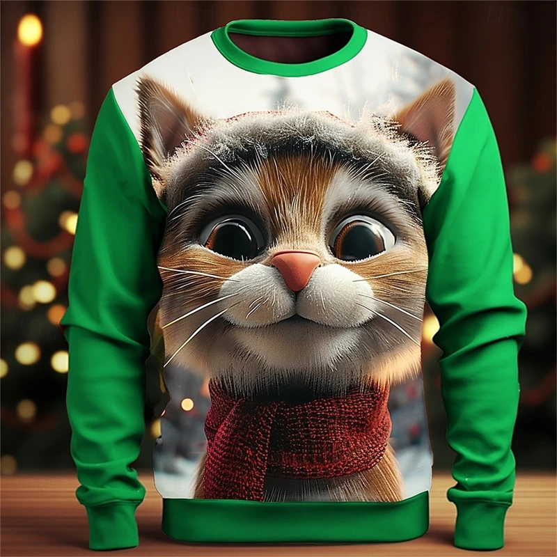 Cute Cat Deer Sweatshirt Men's Clothing 3D Printed Design Animal Hoodies Christmas Fashion Trend Street Pullover Sweatshirts