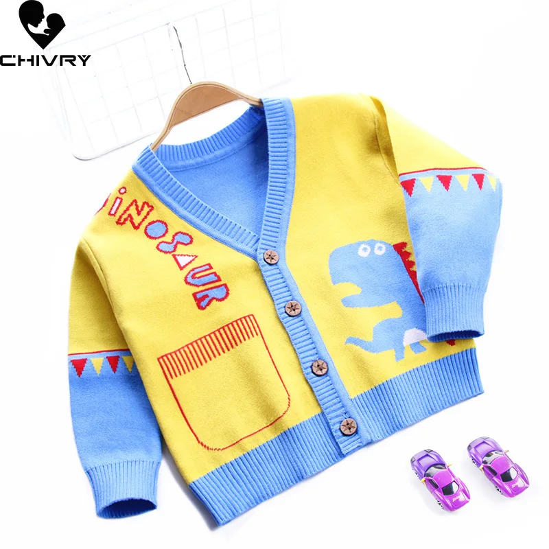 New Autumn Winter Kids Fashion Cardigans Baby Boys Cartoon Dinosaur Single-breasted V neck Knit Cardigan Sweater Coat Outer Wear