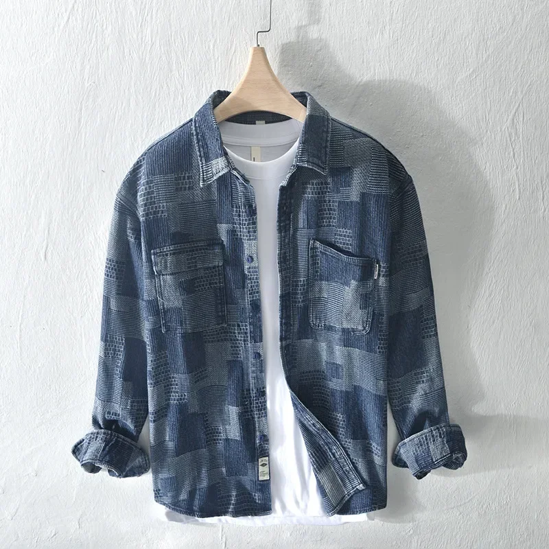 

Japanese Fashion Long Sleeve Denim Shirt Men Streetwear Loose Jean Shirt Jacquard Contrast Color Plaid Shirt Casual Cargo Shirts