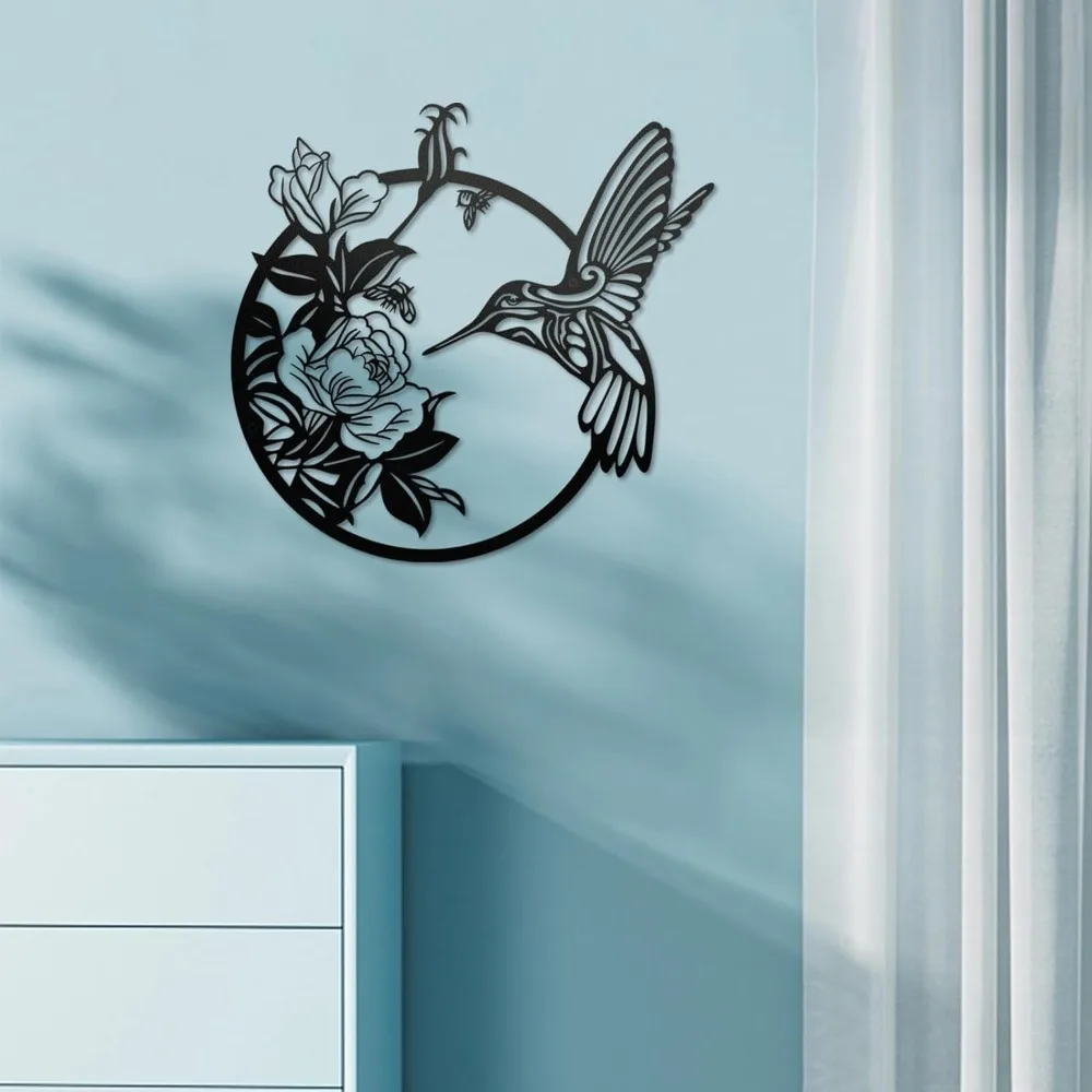 Arte de Pared Redondo de Metal con Diseño de Colibrí de Ruelen, Decoración Colgante Boho con Silueta de Pájaro y Flor para Interiores, Sala de Estar, Dormitorio, Baño, Cocina