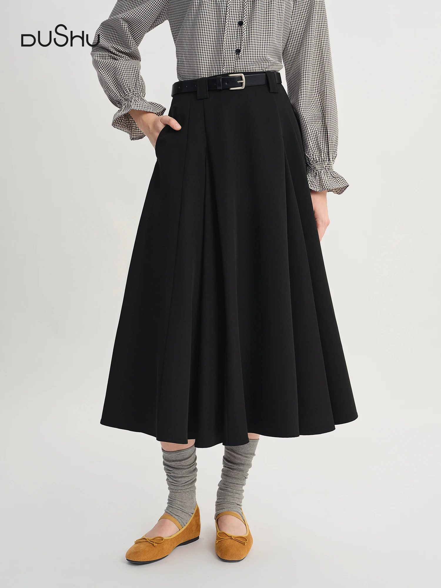 

DUSHU 2025 Autumn High Waist A-line Draped Temperament Commuter Casual Skirt Women