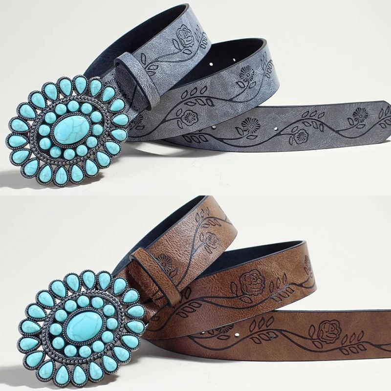 

Ladies Wear The Classic Western Belt Embossed PU Leather Bohemian Style Oval Turquoise Buckle Waist Band