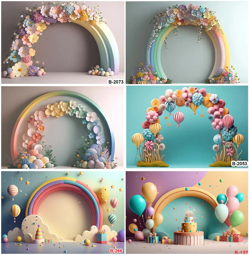 Rainbow Arched Shape Door Balloons Backdrops Wedding Party Cake Smash Cupcake Flora Colorful Photographic Backgrounds Props