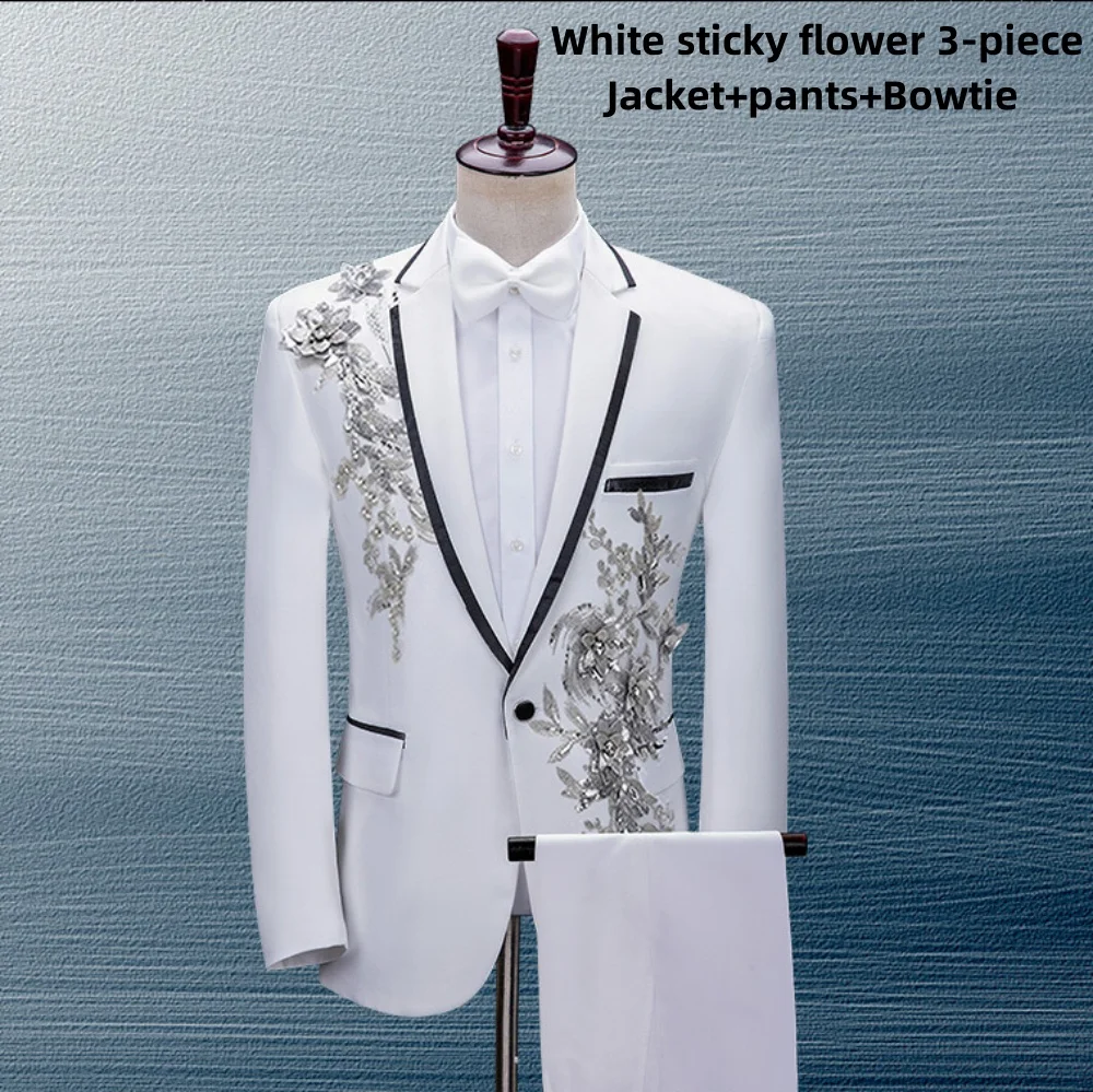 New Elegant White Black Sticky floral suit Set Stand Collar Mens Wedding Suits Formal Groom Tuxedo Costume(Jacket+pants+Bowtie)