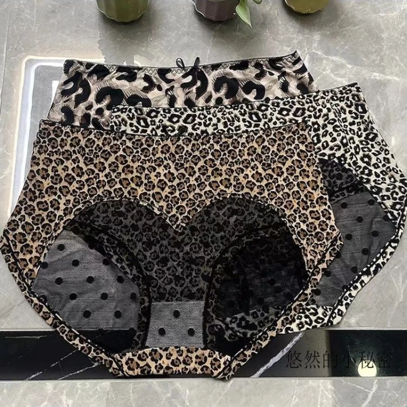 Ropa interior fina con estampado de leopardo para mujer, calzoncillos de cintura alta de gran tamaño, Red roja antibacteriana, parte inferior de la entrepierna, nueva personalidad