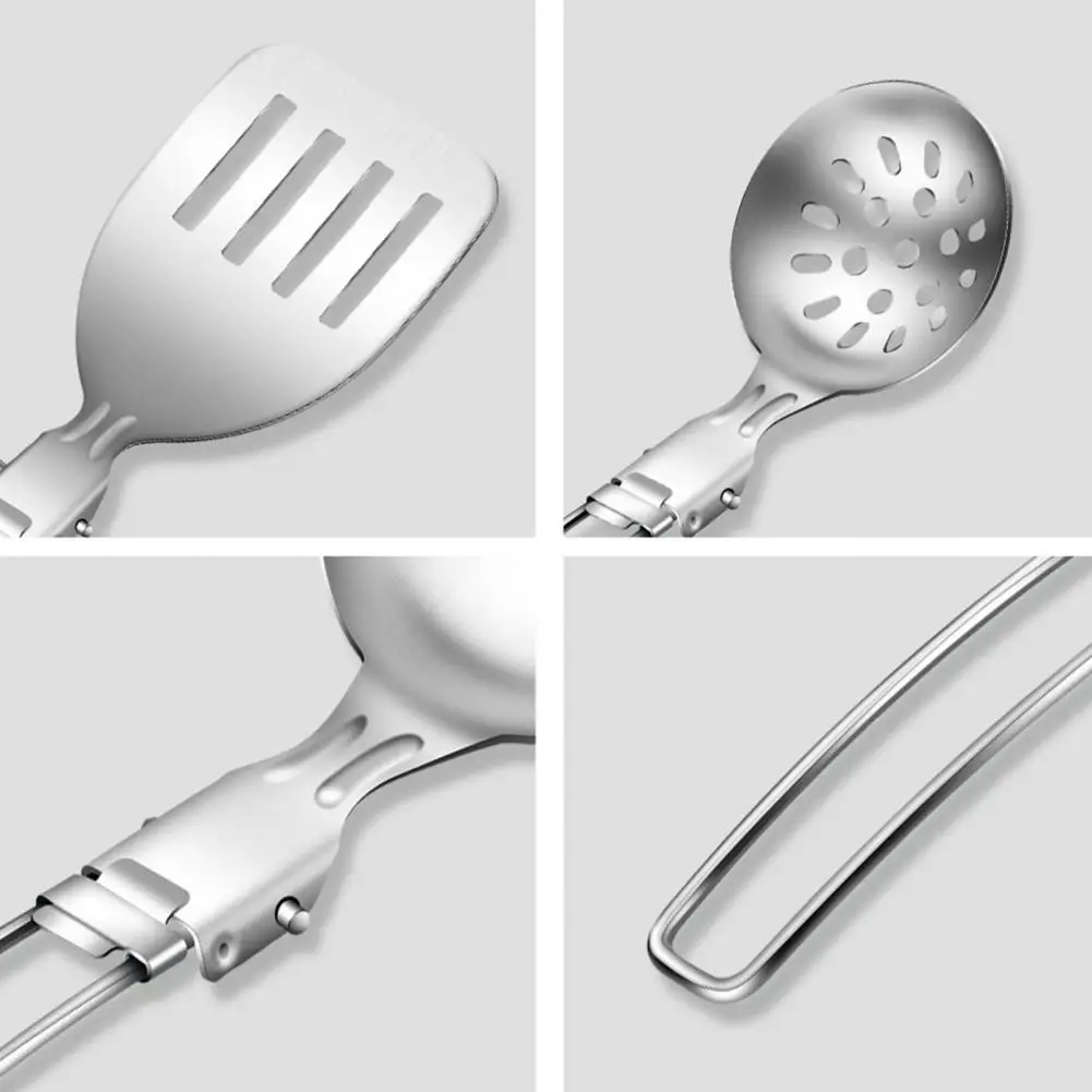 Portable Kitchen Tools Foldable Stainless Steel Cookware Set with Locking Handle Portable Camping Spatula Spoon for Hiking