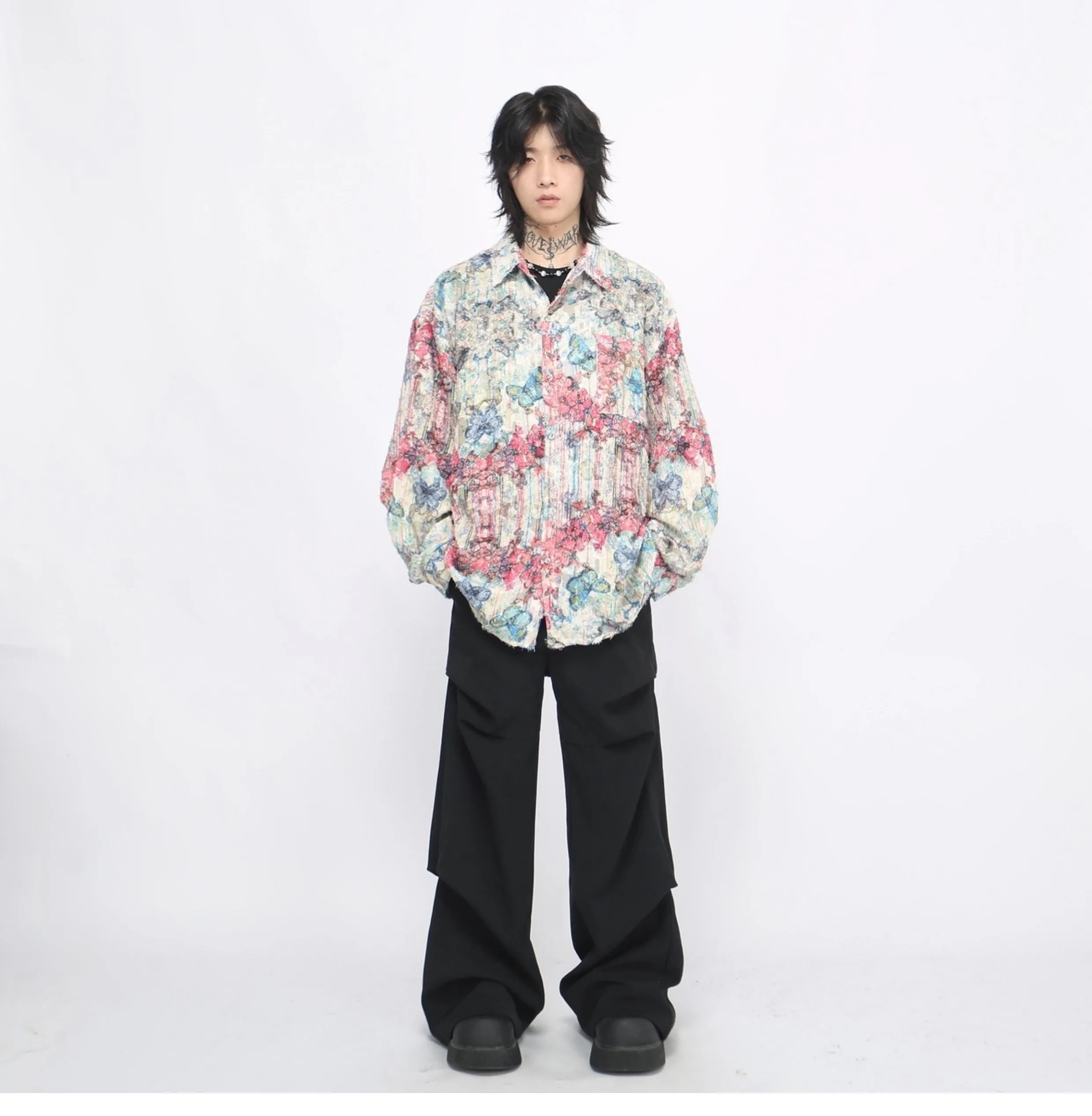 2025 Spring and Autumn New American Retro Design Butterfly Graffiti Print Red and Blue Loose Casual Long Sleeve Shirt