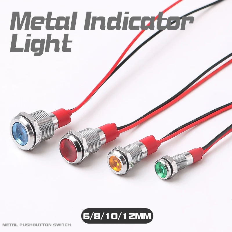 Metalowy wskaźnik LED 6/8/10/12mm z przewodem wodoodporny podświetlany sygnał świetlny przełącznik przewodowy 5V12V24V220V czerwony żółty zielony