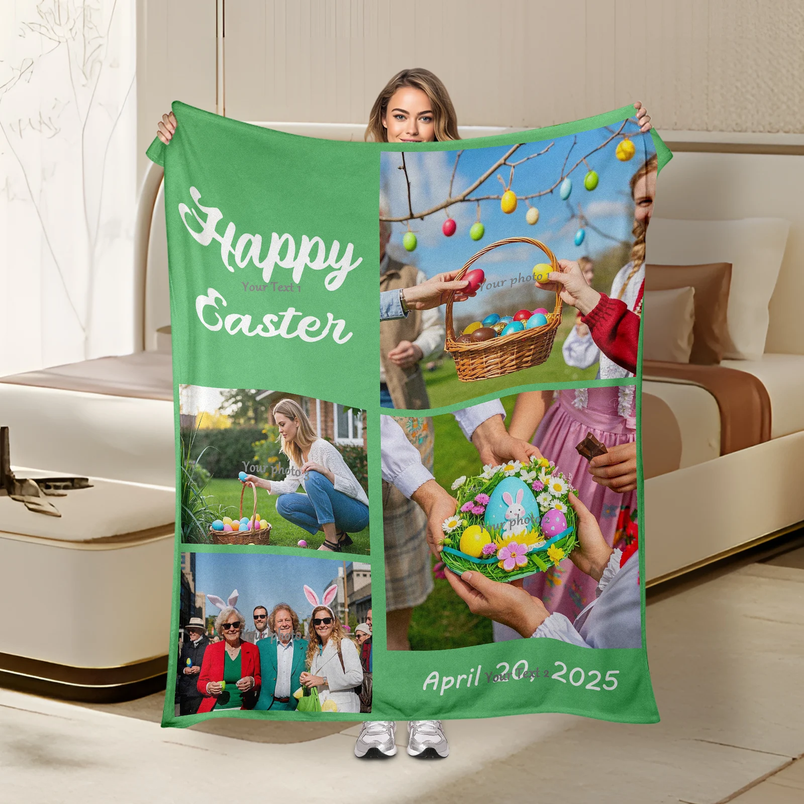 Easter Unique Flannel Blanket Offering Four Custom Images And Two Personalized Texts For Cherished Family And Friends