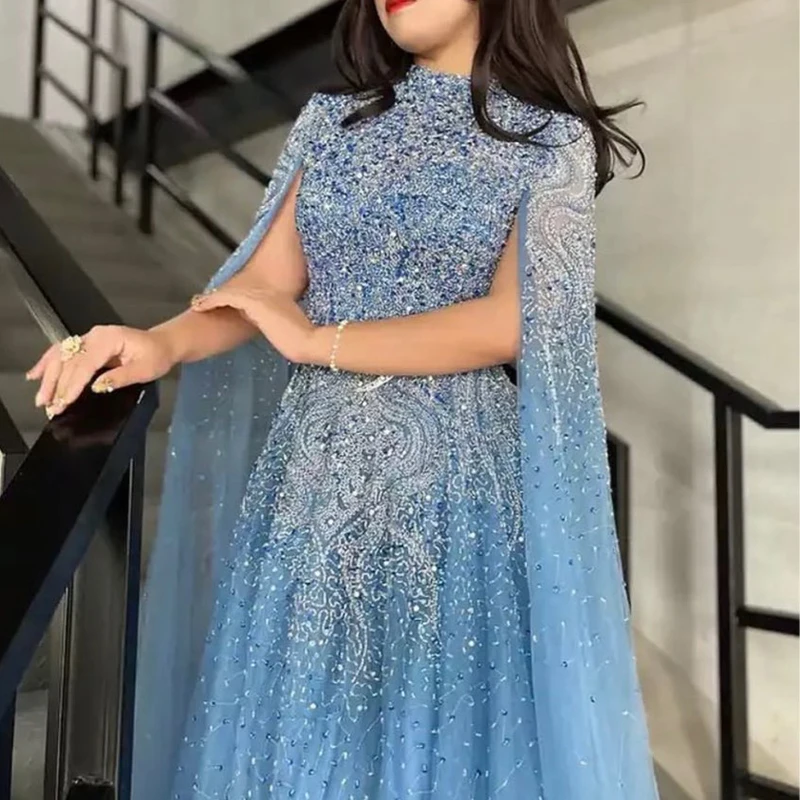 Prom Dresses For Woman Luxury Crystal High Neck Floor-Length Court Train with Belt Formal Occasion Party Evening Elegant 2023