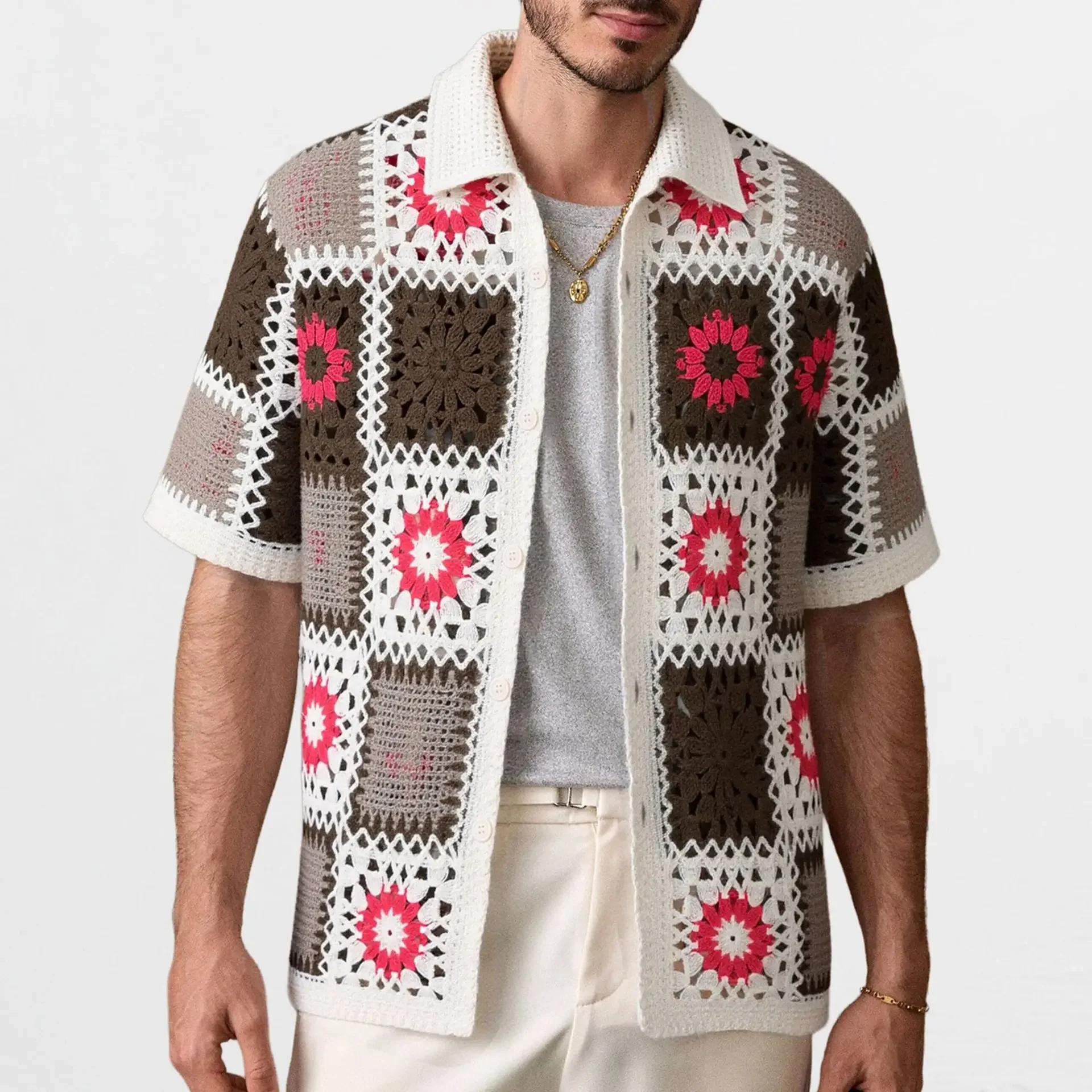 Retro Ethnic Style Crochet Shirts Men's Summer Chic Hollow Out Short Sleeve Cardigans High Quality Jacquard Knitted Polo Shirts