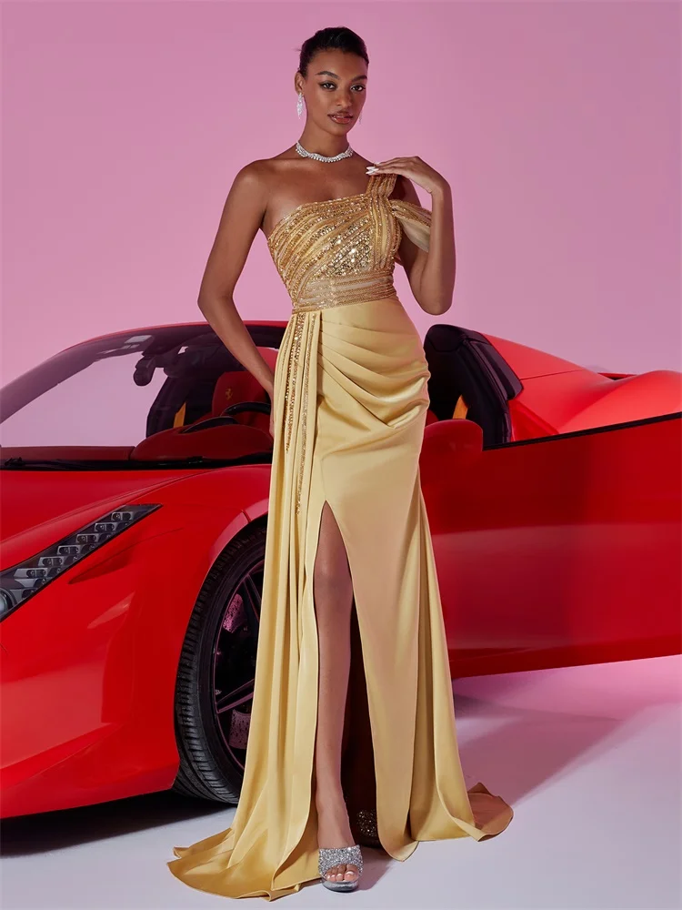 BLUEPLUM Elegant Sequins Split Gold Evening Dresses Women Long Luxury Satin Streamers Wedding Party Gowns Cocktail Prom