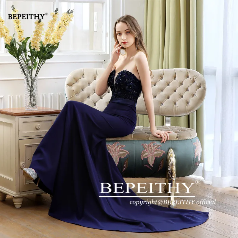 BEPEITHY Customized Strapless Sweetheart Mermaid Vestidos De Fiesta Sweep Train Lace Bodice Evening Dress Elegant Robe De Soiree